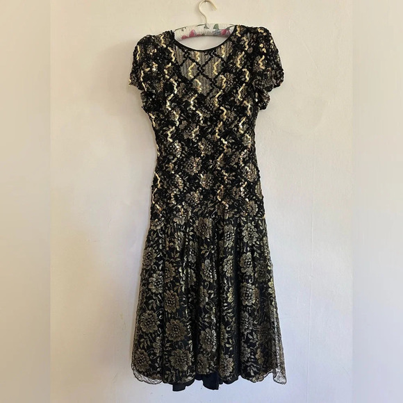 Vintage 80s Sequin Evening Dress Black Gold Floral Lace Size Small Formal - Picture 8 of 14